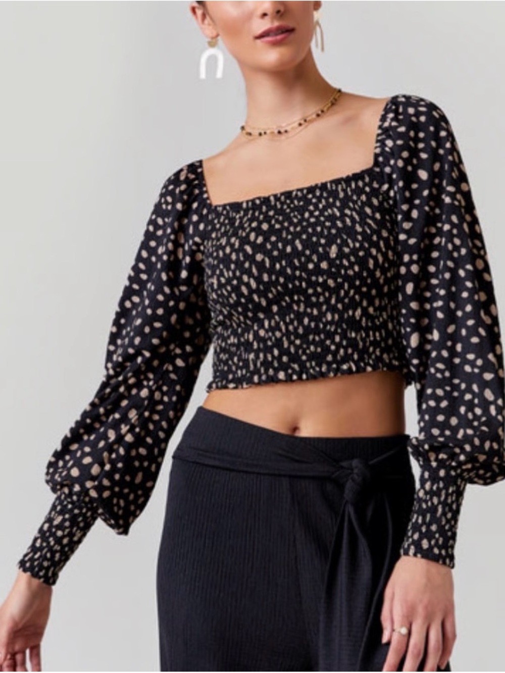 Mi Ami Black Smocked Crop Top With Long Puff Sleeves Size Medium